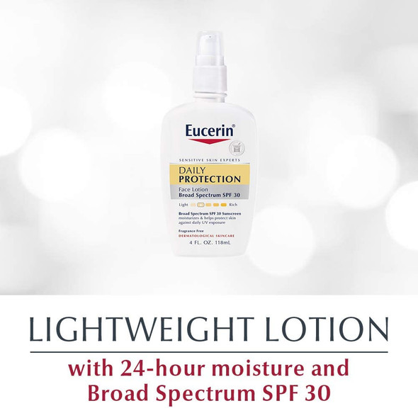 Eucerin Daily Protection Face Lotion with Broad Spectrum SPF 30 Sunscreen, Face Sunscreen Moisturizes and Helps Protect Sensitive, Dry Skin, Fragrance Free, 4 Fl Oz (Packaging May Vary)
