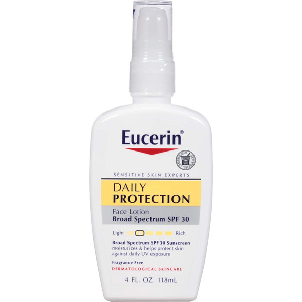 Eucerin Daily Protection Face Lotion with Broad Spectrum SPF 30 Sunscreen, Face Sunscreen Moisturizes and Helps Protect Sensitive, Dry Skin, Fragrance Free, 4 Fl Oz (Packaging May Vary)
