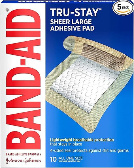 Band-Aid Brand Tru-Stay Adhesive Pads, Large Sterile Adhesive Bandages for First Aid Wound Care and Protection of Minor Cuts, Scrapes & Burns, Lightweight, Breathable, Large Size, 10 ct