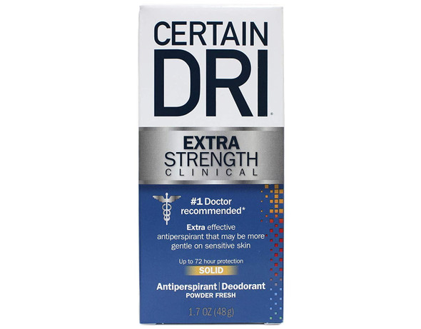 Certain Dri Extra Strength Clinical Solid Antiperspirant, 72-Hour Sweat & Odor Protection for Hyperhidrosis, Maximum-Strength, Powder Fresh Scent, 1.7 oz, (Pack of 1)