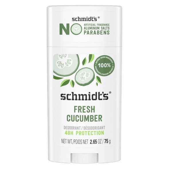 Schmidt's Aluminum-Free Vegan Deodorant Fresh Cucumber for Women and Men, with 24 Hour Odor Protection, Natural Ingredients, Cruelty-Free, 2.65 oz