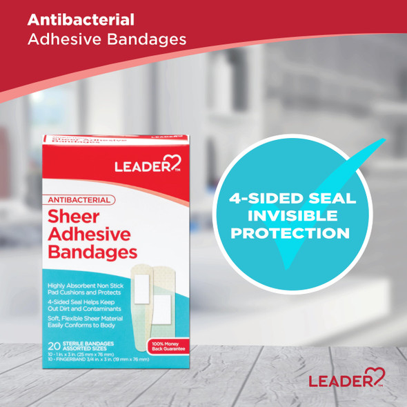 Leader Sheer Adhesive Bandages, Packs ofBlends with Skin, Helps Prevent Infection, Long Lasting, Comfortable Protection for First Aid and Wound Care, Compare to Band-Aid, Assorted Sizes, 20 ct.