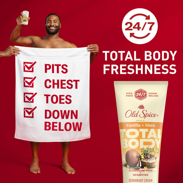 Old Spice Whole Body Deodorant Cream for Men, Aluminum Free, Vanilla + Shea Scent, 24/7 Odor Protection, 24/7 Lasting Freshness, Dermatologist Tested, Gentle on Skin, Safe to Use All Over, 3.0 oz