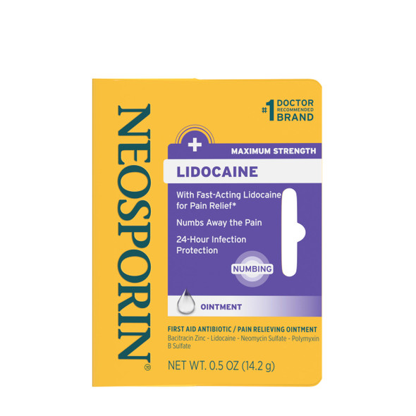 Neosporin + Lidocaine First Aid Triple Antibiotic Ointment, Fast-Acting, Maximum Strength Topical Pain Relief, 24-Hour Infection Protection That Numbs Away The Pain for Minor Wound Care, 0.5 oz