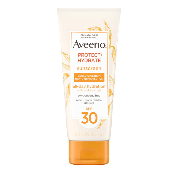 Aveeno Protect + Hydrate Moisturizing Sunscreen Lotion with Broad Spectrum SPF 30 & Prebiotic Oat, Weightless Sweat & Water-Resistant Full Body Sunscreen, Oxybenzone-Free, 3.0 fl. oz