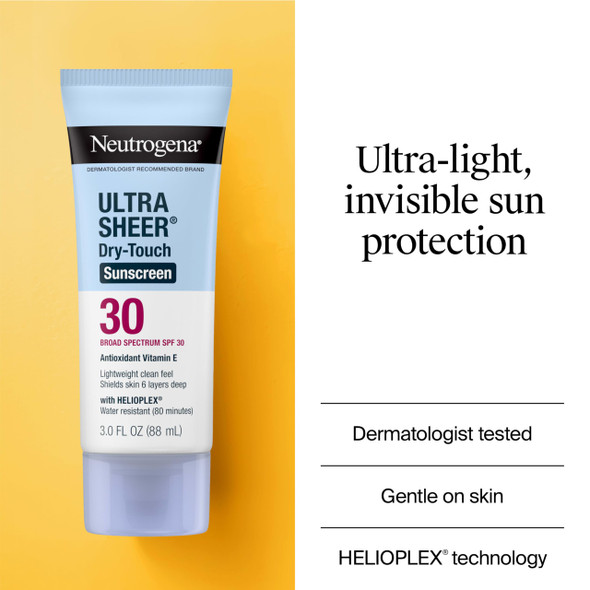 Neutrogena Ultra Sheer Dry-Touch Sunscreen For Face & Body, SPF 30 Broad Spectrum UVA/UVB Protection, Lightweight Water Resistant & Non-Greasy, Travel Size Sunscreen, 3 fl. oz
