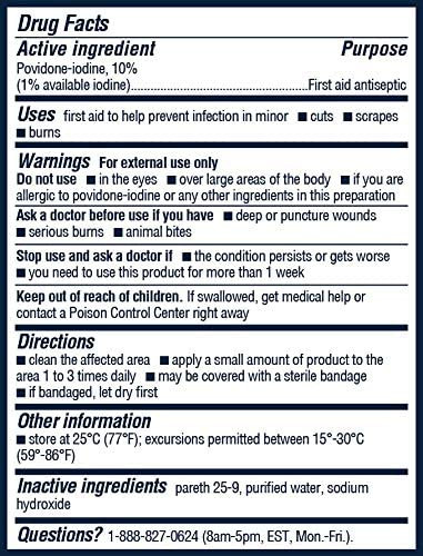 Betadine Antiseptic First Aid Solution, Povidone-iodine 10%, Infection Protection, Kills Germs In Minor Cuts Scrapes And Burns, No Sting Promise, No Alcohol or Hydrogen Peroxide, 8 FL OZ