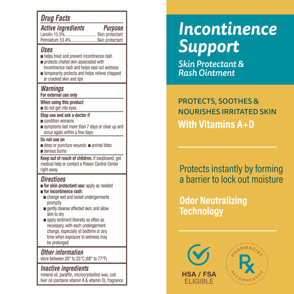A+D Incontinence Support Skin Protectant & Rash Ointment  Treats & Prevents Incontinence Rash, Soothes Chafed Skin, Odor Neutralizing Technology - 16 oz