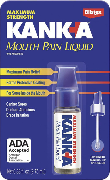 Kank-A Mouth Pain Liquid, Maximum Strength, 0.33 Fl Oz, Canker Sore Medicine, Includes Applicator, Forms Protective Coating for Mouth Sores, Maximum Pain Relief, 1 Pack