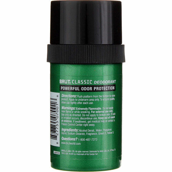 BRUT Classic Round Deodorant Stick - Scented for Men - for All-Day Freshness - Powerful Odor Protection - Paraben Free - 2.7 oz