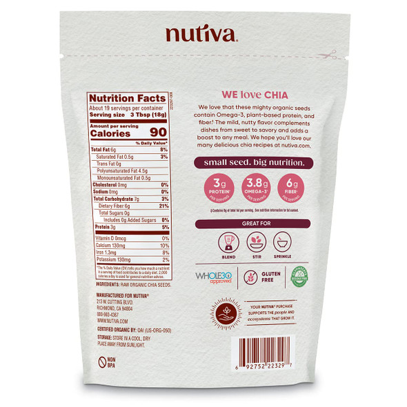 Nutiva Organic Premium Raw Ground Chia Seeds, 12 Ounce, USDA Organic, Non-GMO, Whole 30 Approved, Vegan, Gluten-Free & Keto, Nutrient-Dense Seeds with 3g Plant Protein & 5g Fiber for Salads, Yogurt & Smoothies