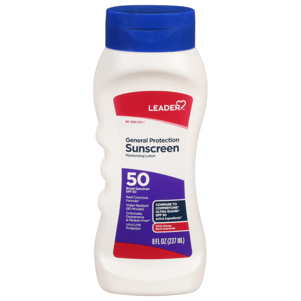 LEADER Sunscreen General Protection Moisturizing Lotion, Broad Spectrum, SPF 50, Water Resistant (80 mins), Reef Friendly Formula, Octinoxate, Oxybenzone & Paraben-Free, Family Friendly, 8 Fl oz