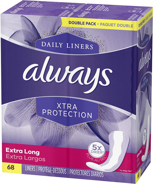 Always Daily Extra Protect Liners, Extra Long Length, Unscented Panty Liners, 272 (4 Packs of 68)