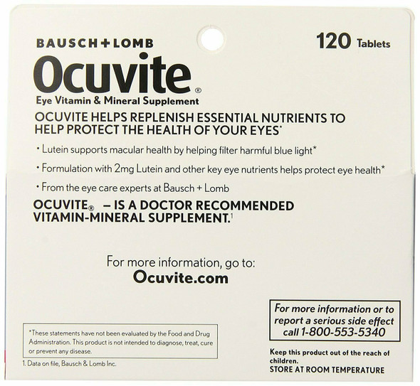 Bausch + Lomb Ocuvite Eye Supplement Lutein & Antioxidant Tablets 120ct 1 Pack