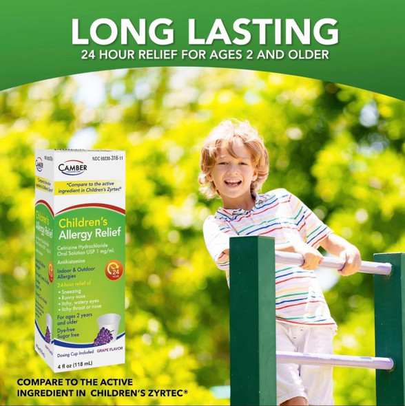CAMBER PHARMACEUTICALS, INC Children's Cetirizine Oral Solution Syrup Allergy Relief for Sneezing, Runny Nose, Itchy, Watery Eyes Grape Flavor | 2 yrs. & Older