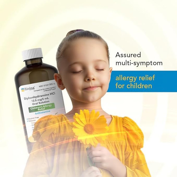 Rising Health - Allergy Relief Liquid Medicine with Diphenhydramine HCl 12.5mg/5ml - Kids' Allergy Syrup for Symptoms Like Runny Nose, Itchy Eyes & More - Cherry Flavor - 16 fl. oz