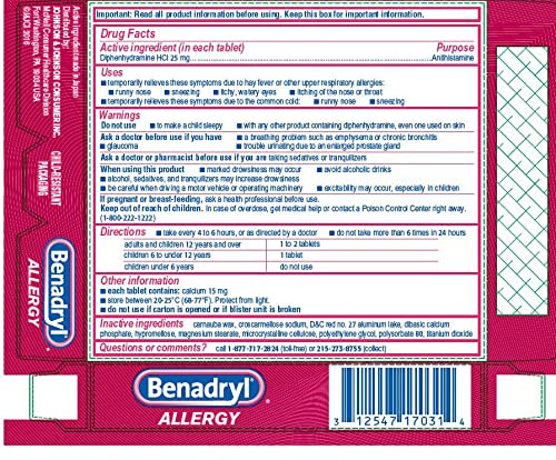 Benadryl Ultratabs Allergy Medicine, 25 mg Diphenhydramine HCl Antihistamine Tablets For Cold & Allergy Relief of Symptoms Like Sneezing, Runny Nose, Itchy Eyes & Throat, Hay Fever, 100 Count Tablets