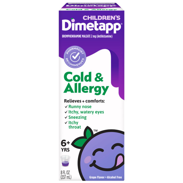 Childrens Dimetapp Cold & Allergy Liquid, Antihistamine Multi-Symptom Relief for Runny Nose, Sneezing, Itchy Throat & Watery Eyes, Grape Flavor, Phenylephrine-Free Cold Medicine, 8 fl oz