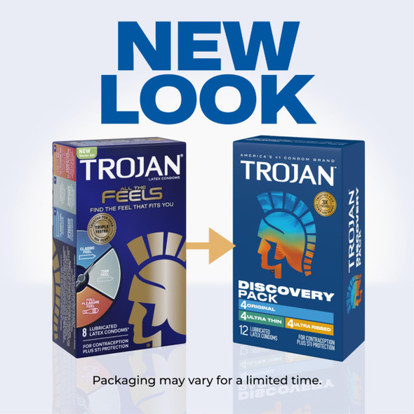 Trojan Discovery Pack, Assorted Latex Lubricated Condoms for Men, Original, Ultra Thin & Ultra Ribbed Varieties, 12 Count