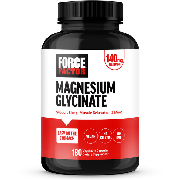 Force Factor Magnesium Glycinate, Magnesium Supplement for Women and Men to Support Sleep, Muscle Relaxation, and Mood, Easy on The Stomach, Vegan, 3-Month Supply, 180 Capsules