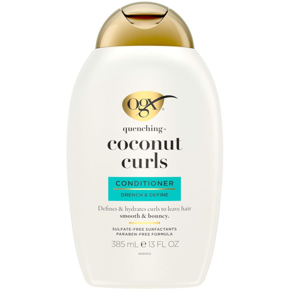 OGX Quenching + Coconut Curls Curl-Defining Conditioner, Nourishing Curly Hair Conditioner with Coconut Oil, Citrus Oil & Honey, Paraben-Free with Sulfate-Free Surfactants, 13 floz