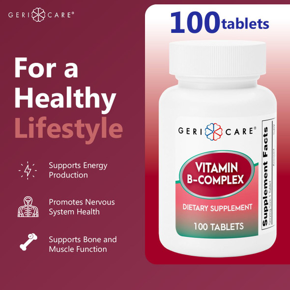 GeriCare Vitamin B-Complex Supplement with Calcium  Daily Supplement for Energy, Immune Support, Bone Health & Nervous System, 100 Count (Pack of 1)