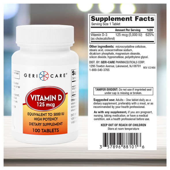 GeriCare Vitamin D 125 mcg (5,000 IU) High Potency  Supports Strong Bones, Healthy Mood & Immune Defense  Daily Support Supplement for Overall Well-Being  100 Tablets (Pack of 1)