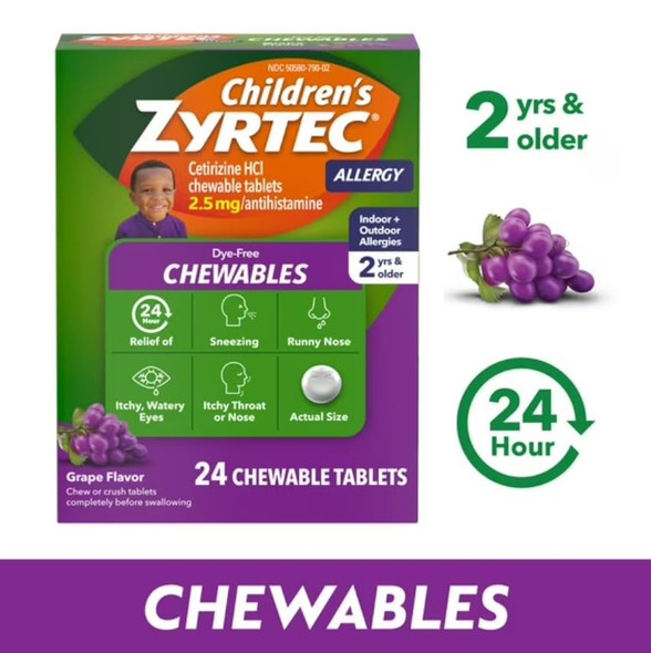 Zyrtec Children's Dye-Free Chewables for 24 Hour Allergy Relief, 2.5 mg Cetirizine Hydrochloride Antihistamine Tablets, Kids Allergy Medicine Relieves Sneezing & Itchy Throat, Grape, 12 ct