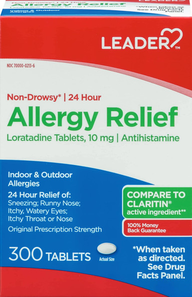 Leader 24 Hour Allergy Relief, Non-Drowsy, Loratadine 10mg, Antihistamine, Original Prescription Strength, Sinus Relief, Indoor and Outdoor, Counteract Allergy, 300 Tablets