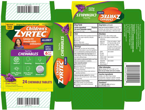 Zyrtec Children's Dye-Free Chewables for 24 Hour Allergy Relief, 10 mg Cetirizine Hydrochloride Antihistamine Tablets, Kids Allergy Medicine Relieves Sneezing & Itchy Throat, Grape, 24 ct