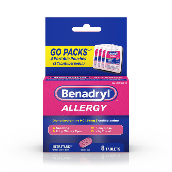 Benadryl Ultratabs Go Packs Antihistamine Allergy Relief Medicine, 25 mg Diphenhydramine HCl Tablets for Relief of Cold & Allergy Symptoms, Travel & On-The-Go Size, 4 Packets of 2 Tablets