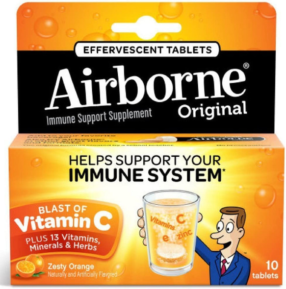 Airborne 1000mg Vitamin C with Vitamin D & Zinc, Sugar Free Multivitamin Immune Support Supplement, Antioxidants Vitamins A C & Vitamin E, 10 Effervescent Tablets, Zesty Orange Flavor