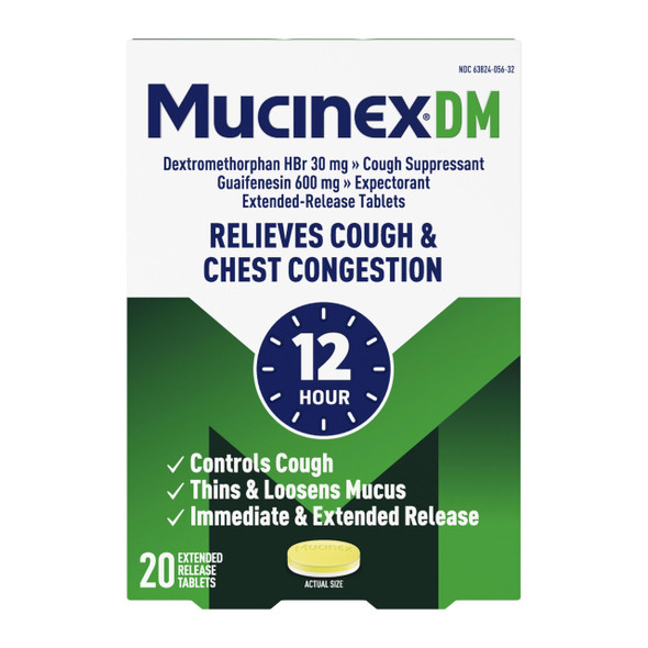 Mucinex DM 12Hr Chest Congestion & Cough Medicine for Adults, Cold and Cough Medicine for Excess Mucus Relief, 600 mg Guaifenesin & 30 mg Dextromethorphan HBr, 20 Bi-Layer Tablets