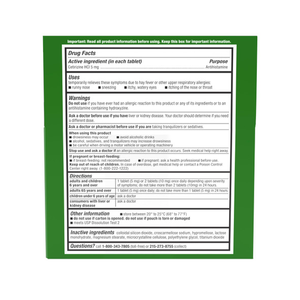 Zyrtec 24 Hour Allergy Relief Tablets, Indoor & Outdoor Allergy Medicine, 5 mg Cetirizine HCl per Antihistamine Tablet, Relief from Runny Nose & More, Individual Travel Pouches, 1 x 15 ct