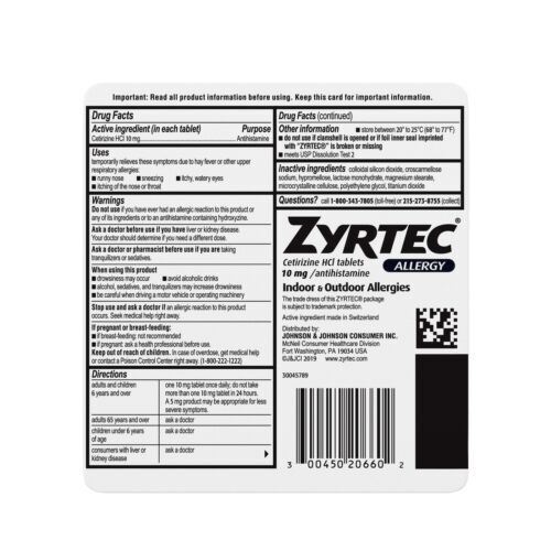 Zyrtec Cetirizine 10mg Antihistamine 24 Hour Allergy Fast Relief Tablets 60ct