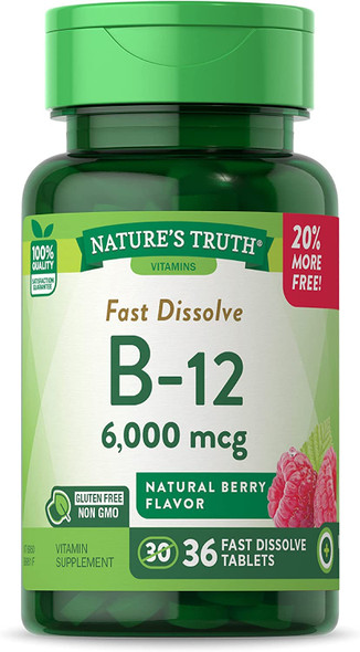 Nature's Truth B12 Vitamin 6000 mcg | Methylcobalamin | 36 Tablets | Fast Dissolve Natural Berry Flavor | Vegan, Non-GMO & Gluten Free
