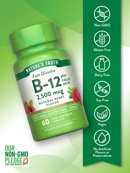 Nature's Truth B12 Vitamin | 60 Fast Dissolve Tablets | 2500 mcg | with Folic Acid | Vegan, Non-GMO & Gluten Free