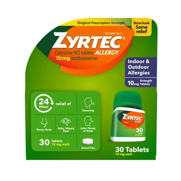 Zyrtec 24 Hour Allergy Relief Tablets, 10 mg Cetirizine HCl Antihistamine Allergy Medicine, 30 ct