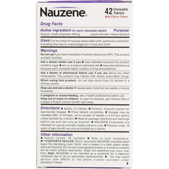 Nauzene Non-drowsy Upset Stomach & Nausea Relief Chewable Tablets - Fast-Acting Relief in 4 Minutes - Doctor Recommended - Wild Cherry Flavor, 42 ct