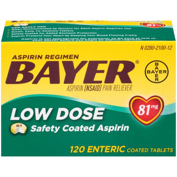 Bayer Aspirin Regimen Low Dose 81mg Enteric Coated Pain Reliever Tablets, 120 Count