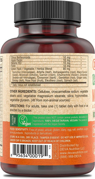 DEVA Vegan Iron-Free Multivitamin & Mineral Supplement, Green Food Blend, Spirulina, Chlorella, Ashwagandha, Broccoli, 90 Coated Tablets