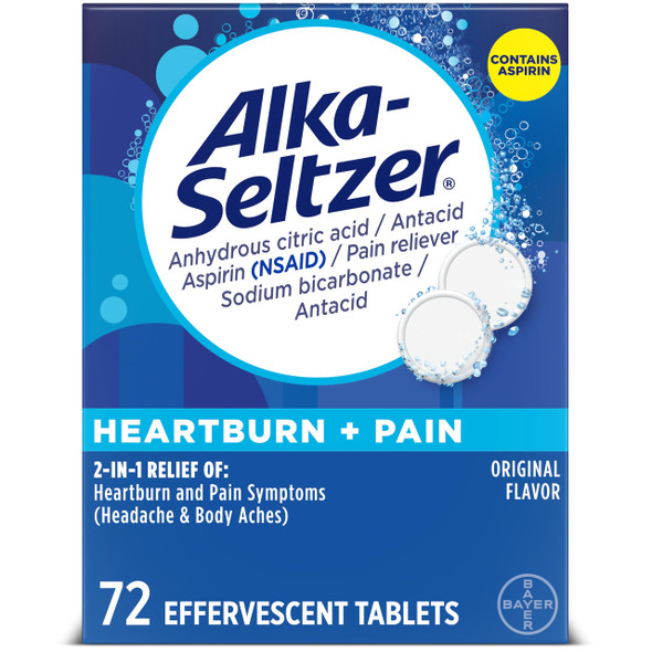 Alka-Seltzer Heartburn + Pain Effervescent Aspirin + Antacid Tablets, Fast Heartburn Relief and Acid Indigestion Relief, Pain Relief with Aspirin, 72 Ct