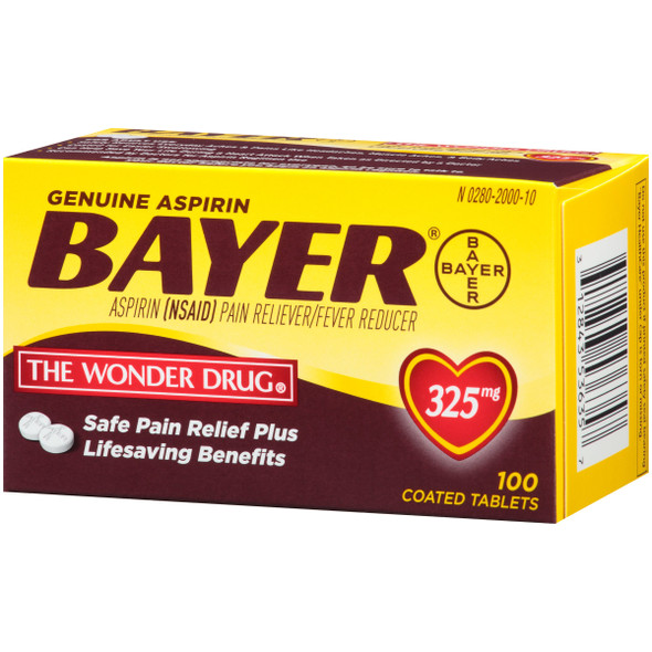 Genuine Bayer Aspirin 325mg Coated Tablets, Pain Reliever and Fever Reducer, 100 Count