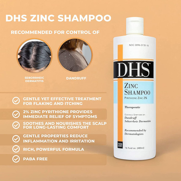 DHS Zinc Shampoo  Dandruff Shampoo  for Flaky and Dry Scalp with 2% Zinc Pyrithione, 8 oz