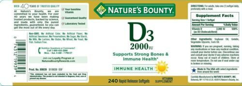 Nature's Bounty Vitamin D3 2000IU Softgels Supplement Bone Immune Support 240ct