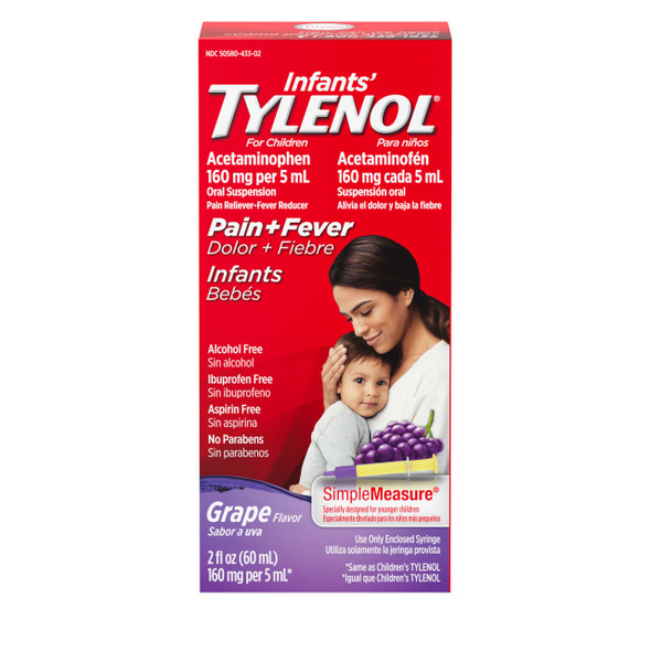 Infants' Tylenol Liquid Pain Relief & Fever Medicine, Oral Suspension, Acetaminophen for Sore Throat, Headache & Teething, Pain Reliever & Fever Reducer for Kids; Grape Flavor, 2 fl. oz.; Pack of 1
