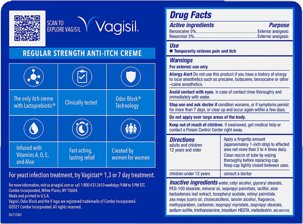Vagisil Regular Strength Anti-Itch Feminine Cream for Women, Gynecologist Tested, Hypoallergenic, Fast-acting and Long-lasting Itch Relief, Vaginal Moisturizer Soothes and Cools, 1 oz (Pack of 1)