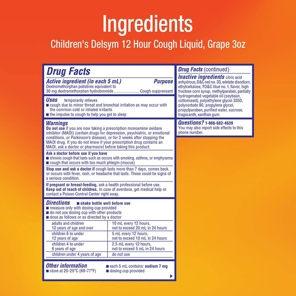 Delsym Children's 12 Hour Cough Relief Liquid - Day or Night Cough Syrup and Kids Cough Medicine, Grape, 3 Oz