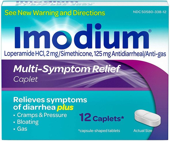 Imodium Multi-Symptom Relief Caplets, Loperamide Hydrochloride & Simethicone Anti-Diarrheal Medicine for Relief of Diarrhea, Gas, Bloating, Cramps & Pressure, HSA/FSA Eligible, 12 ct