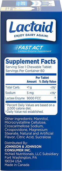 Lactaid Fast Act Lactose Intolerance Relief Chewables with Natural Lactase Enzyme to Prevent Gas, Bloating & Diarrhea Due to Lactose Sensitivity, On-the-Go, Vanilla Twist Flavor, 60 x 1 ct